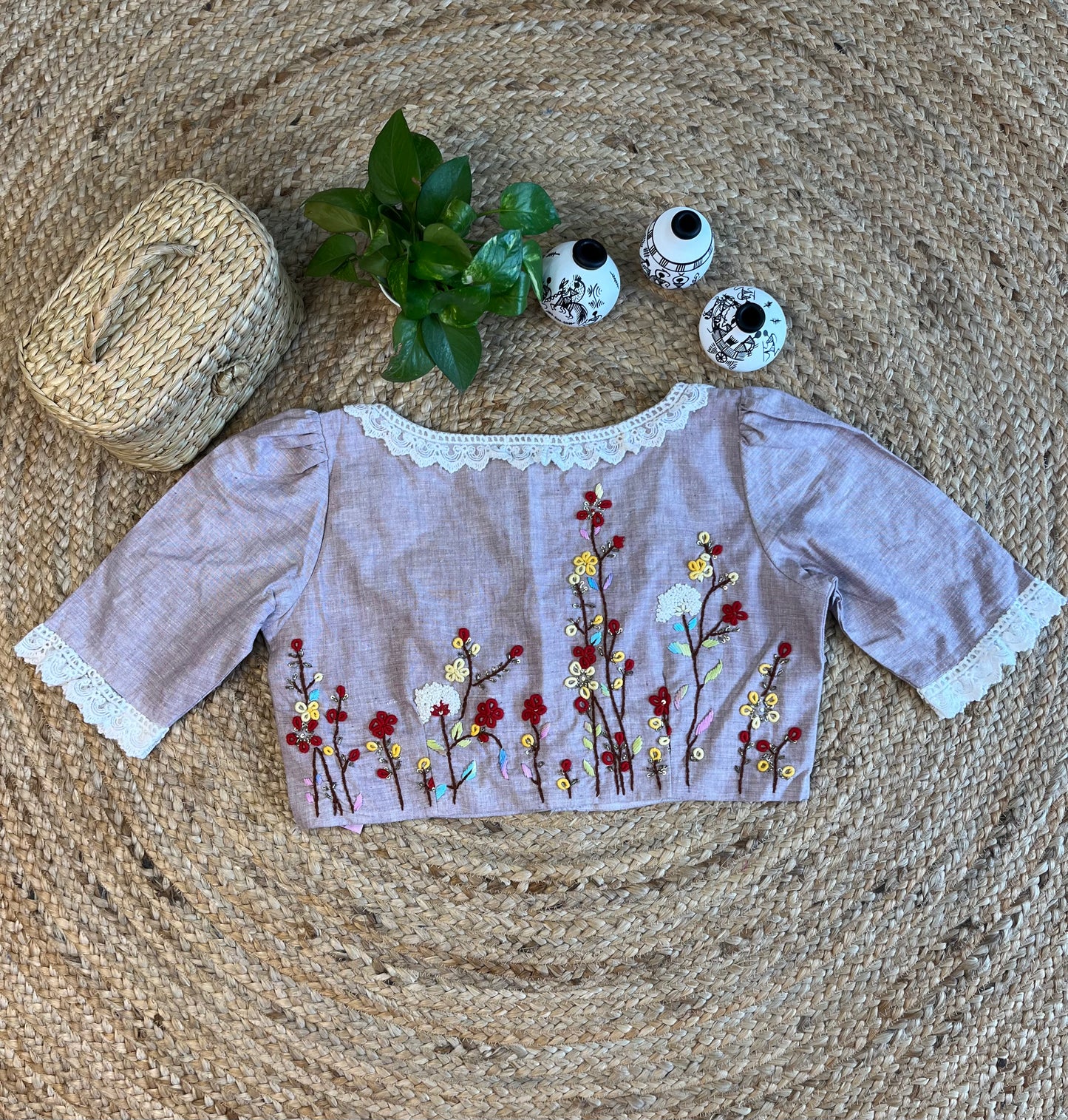 Cotton Cotton thread work with lace work in Light lavender