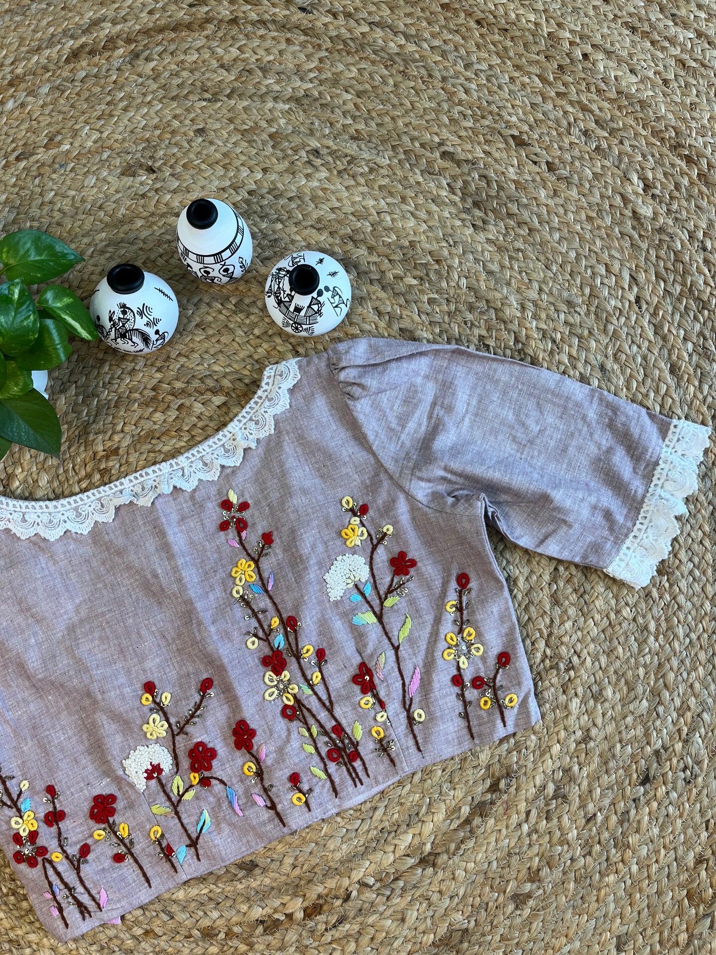 Cotton Cotton thread work with lace work in Light lavender