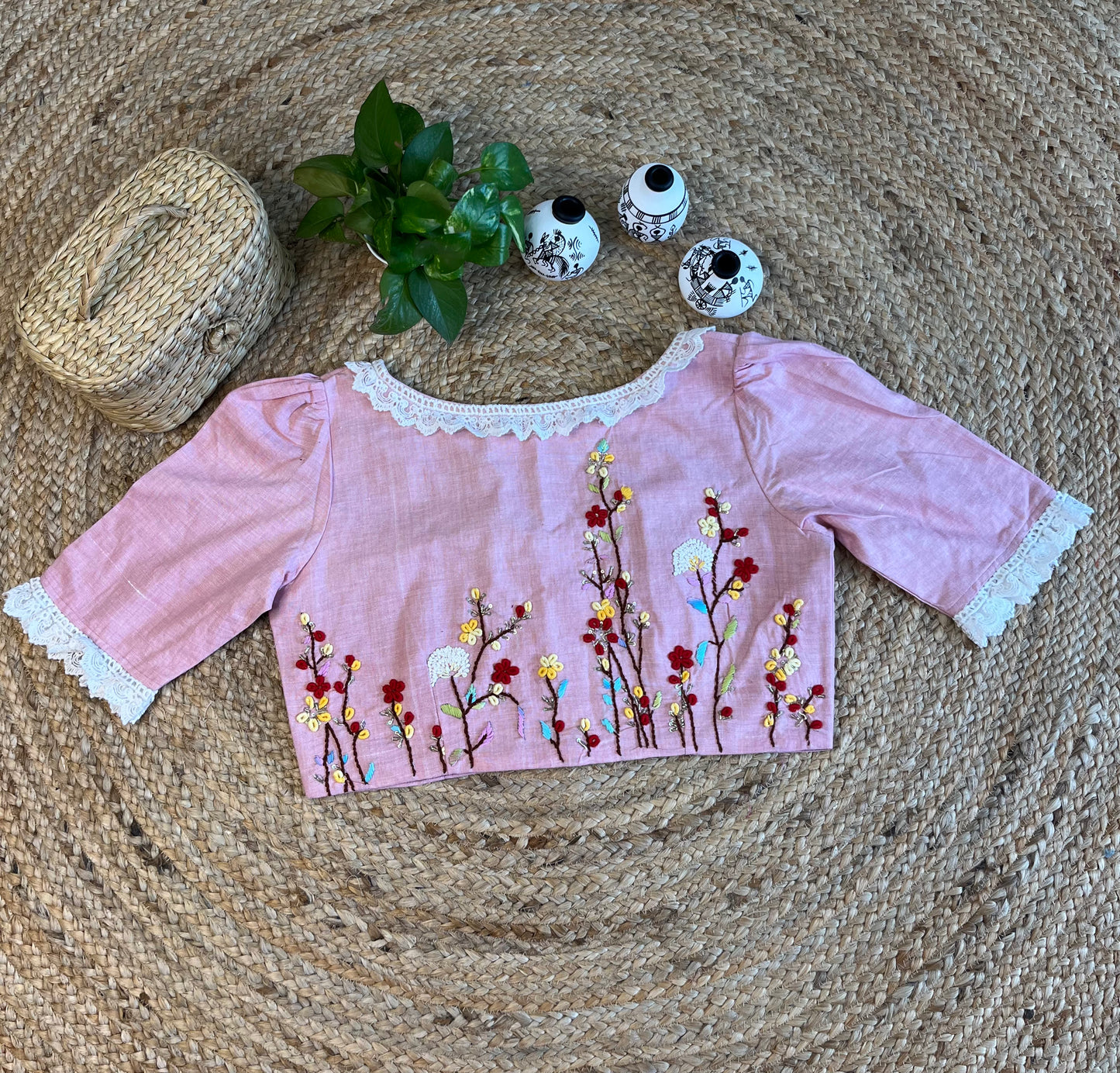Cotton Cotton thread work with lace work in Baby pink