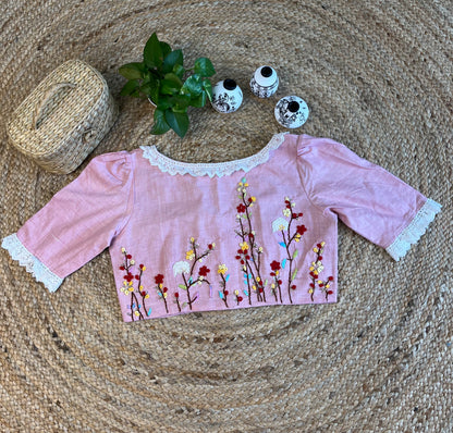 Cotton Cotton thread work with lace work in Baby pink