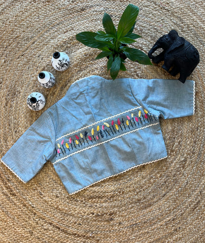 Light Blue Cotton Blouse with Intricate Thread Work and Classic Collar Neck – Tranquil Elegance