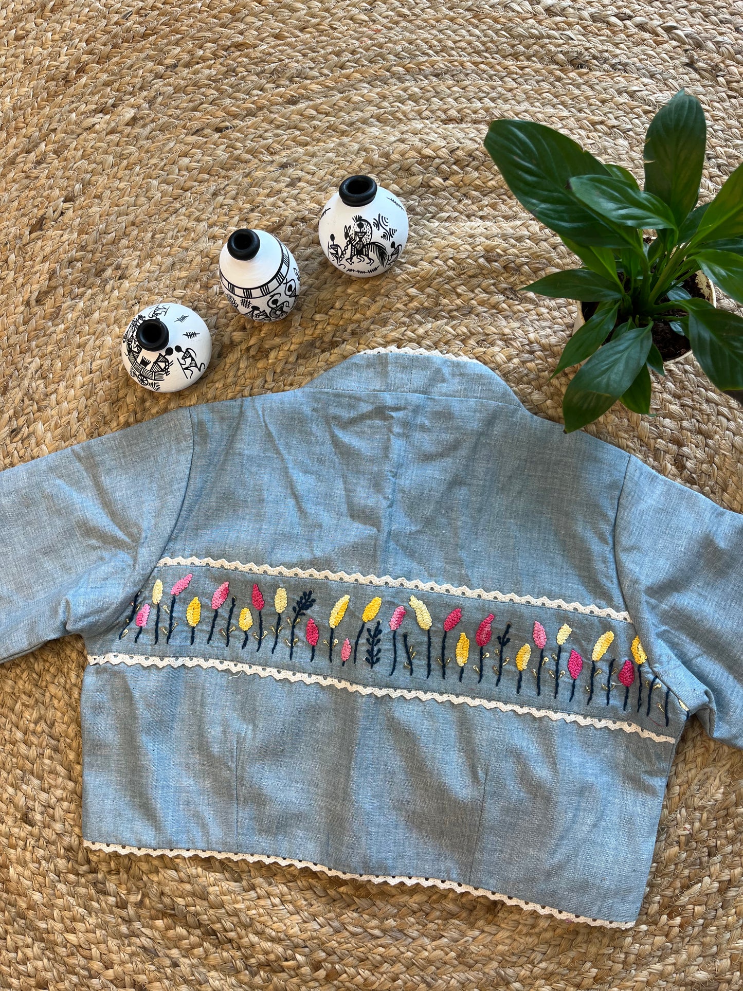 Light Blue Cotton Blouse with Intricate Thread Work and Classic Collar Neck – Tranquil Elegance