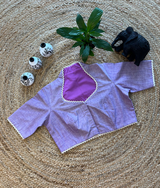 Lavender Cotton Blouse with Delicate Thread Work and Classic Collar Neck – Ethereal Elegance