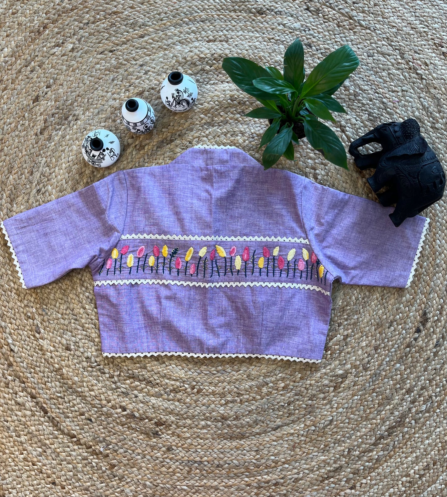 Lavender Cotton Blouse with Delicate Thread Work and Classic Collar Neck – Ethereal Elegance