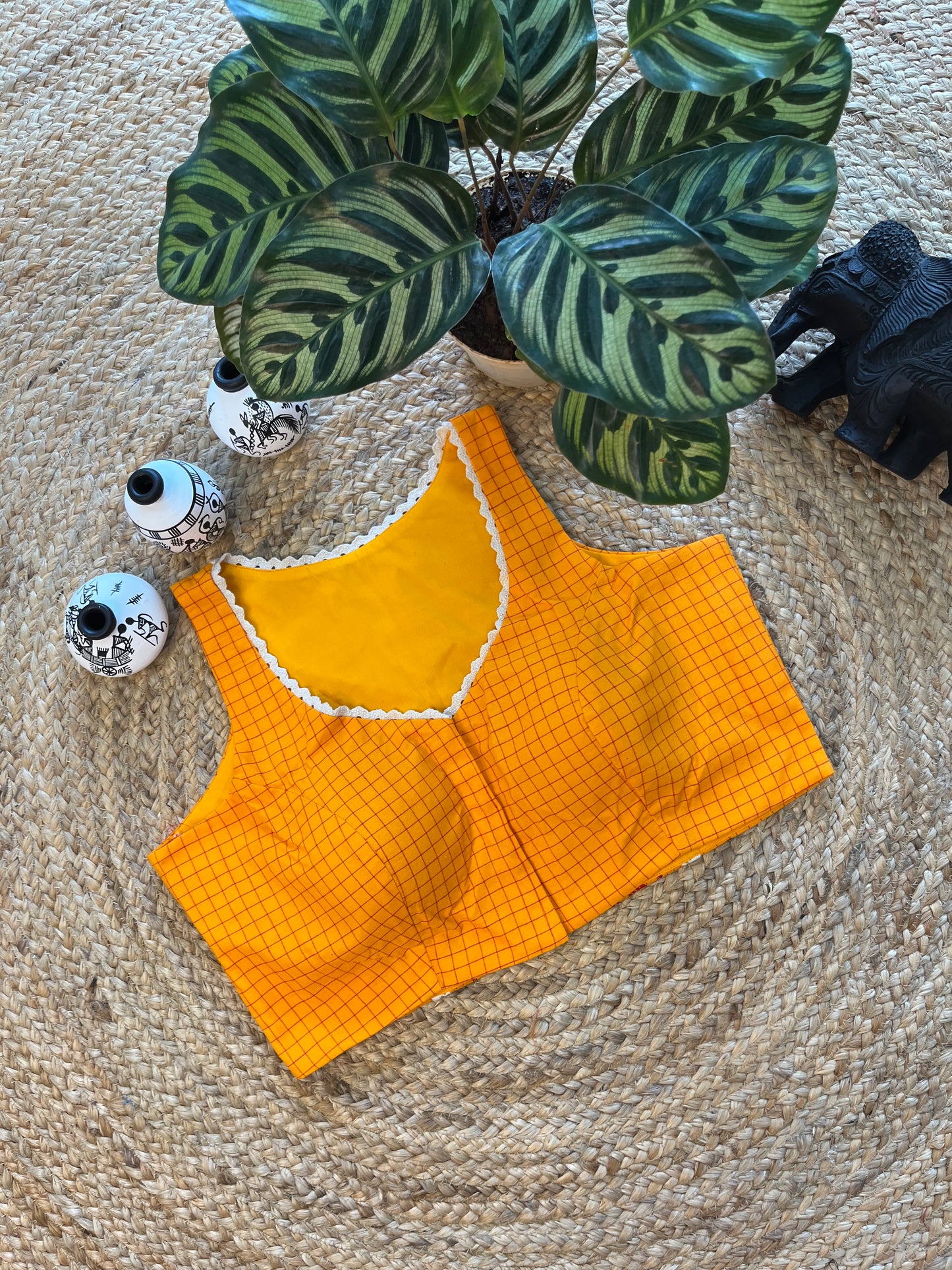 Radiant Yellow Cotton Jacquard Sleeveless Blouse with Padded Fit & Delicate Lace Detailing – Sunlit Elegance