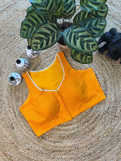 Radiant Yellow Cotton Jacquard Sleeveless Blouse with Padded Fit & Delicate Lace Detailing – Sunlit Elegance