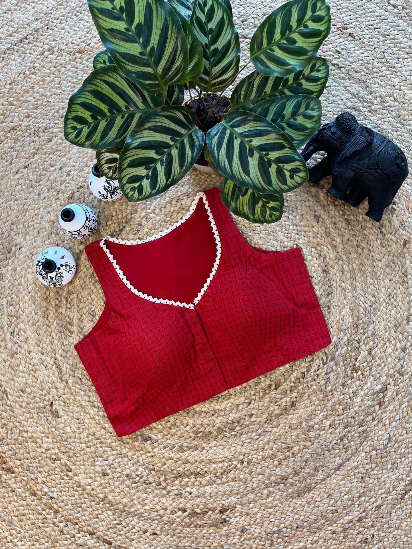 Red Cotton Jacquard Sleeveless Blouse with Lace Detailing – Effortless Elegance