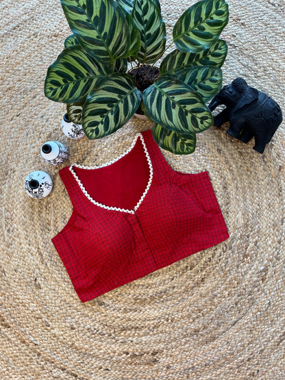Red Cotton Jacquard Sleeveless Blouse with Lace Detailing – Effortless Elegance