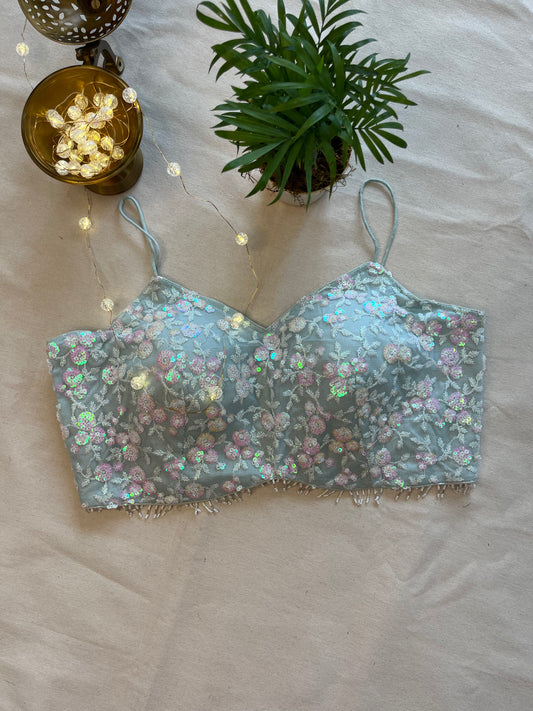 Cyan Blue Noodle Strap Blouse in Net Fabric with Sparkling Sequins Embroidery – Oceanic Elegance