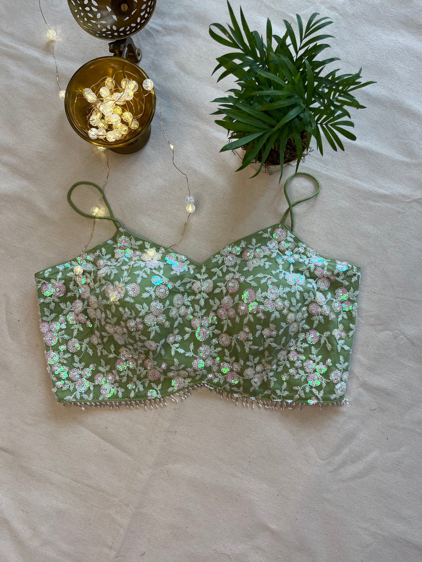 Pista Green Noodle Strap Blouse in Elegant Net Fabric with Sequins Embroidery – Subtle Sophistication