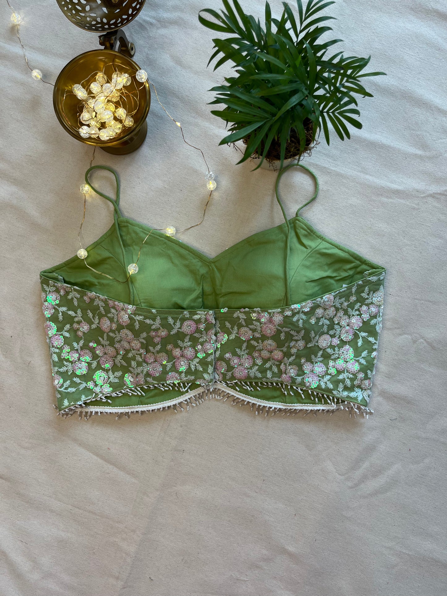 Pista Green Noodle Strap Blouse in Elegant Net Fabric with Sequins Embroidery – Subtle Sophistication
