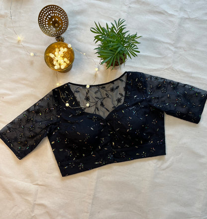 Midnight Black Organza Blouse with Exquisite Sequins Embroidery – Timeless Elegance
