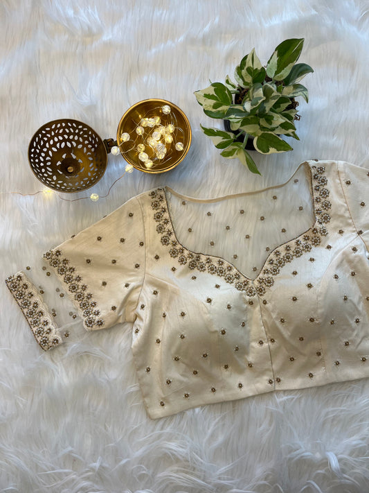 Pearl White Zardozi Front-Open Blouse - Elegant Raw Silk Fusion for Timeless Grace