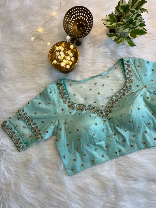 Sea Green Zardozi Front-Open Blouse - Elegant Raw Silk Fusion for Festive Charm