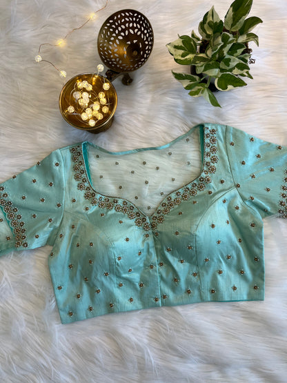 Sea Green Zardozi Front-Open Blouse - Elegant Raw Silk Fusion for Festive Charm