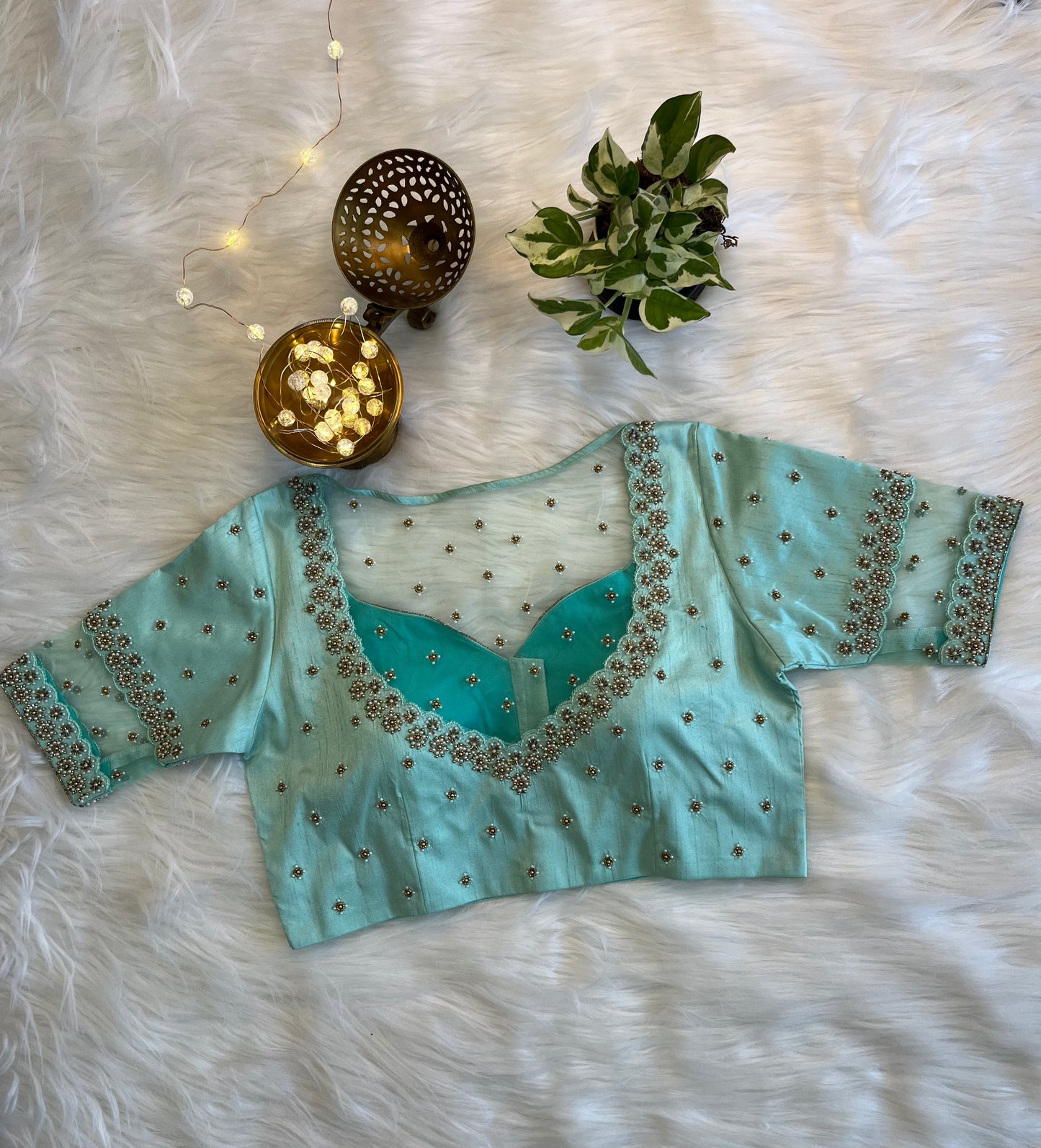Sea Green Zardozi Front-Open Blouse - Elegant Raw Silk Fusion for Festive Charm