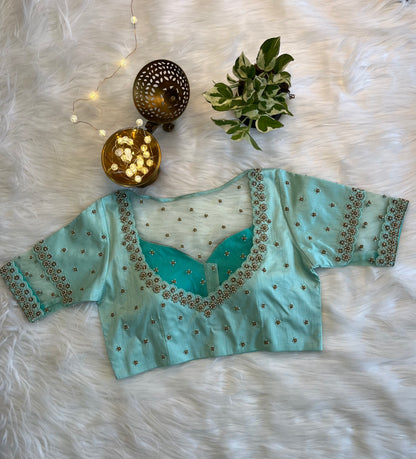 Sea Green Zardozi Front-Open Blouse - Elegant Raw Silk Fusion for Festive Charm
