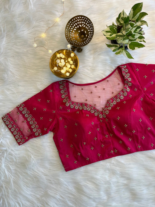 Rani Pink Zardozi Front-Open Blouse - Luxurious Raw Silk Fusion for Festive Elegance