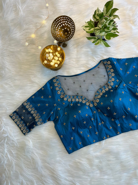 Teal Blue Zardozi Front-Open Blouse - Elegant Raw Silk Fusion for Festive Sophistication