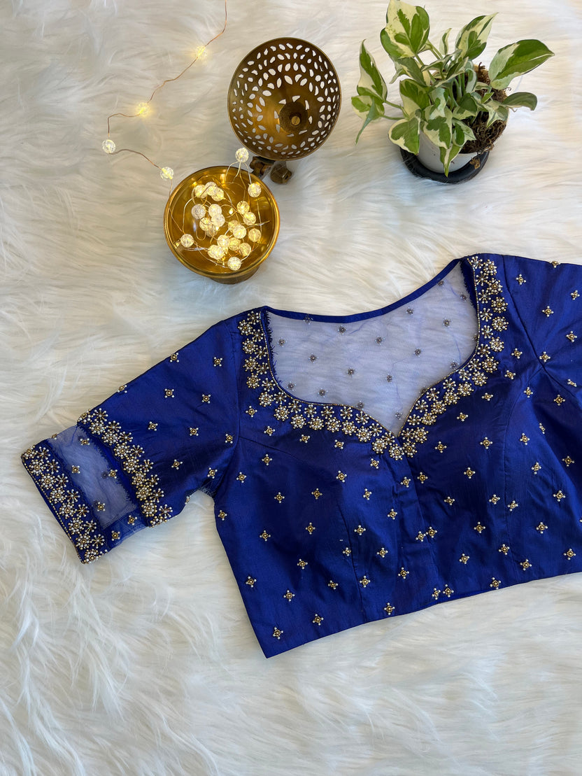 Royal blue blouse with zardozi embroidery and sheer neckline