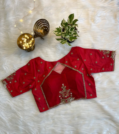 Cherry Red Zardozi Backless Blouse with Net Detailing - Elegant Raw Silk Fusion