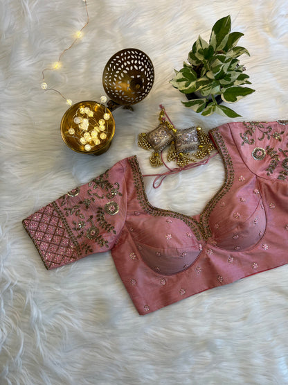 Charming Peach Pink Zardozi Blouse - Elegant Raw Silk Fusion for Special Occasions