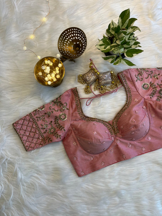 Charming Peach Pink Zardozi Blouse - Elegant Raw Silk Fusion for Special Occasions