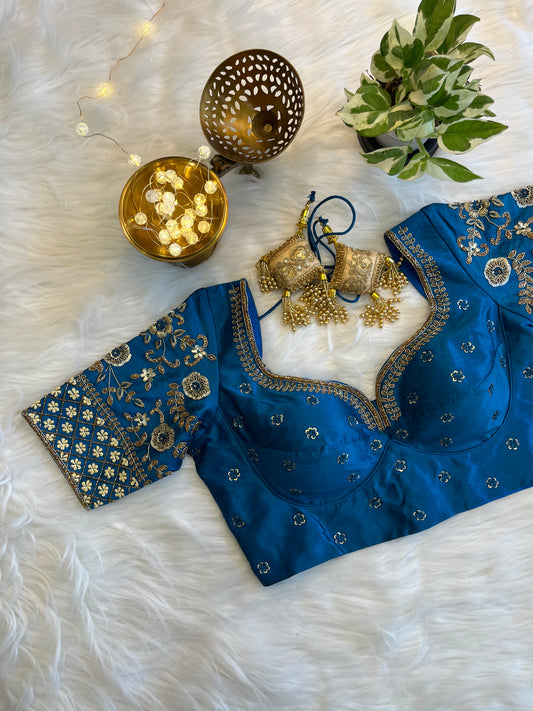 Exquisite Teal Blue Zardozi Blouse - Luxurious Raw Silk Fusion for Festive Elegance
