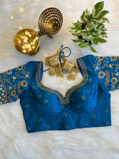 Exquisite Teal Blue Zardozi Blouse - Luxurious Raw Silk Fusion for Festive Elegance