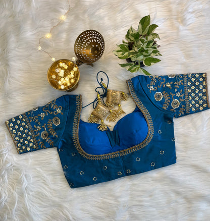 Exquisite Teal Blue Zardozi Blouse - Luxurious Raw Silk Fusion for Festive Elegance
