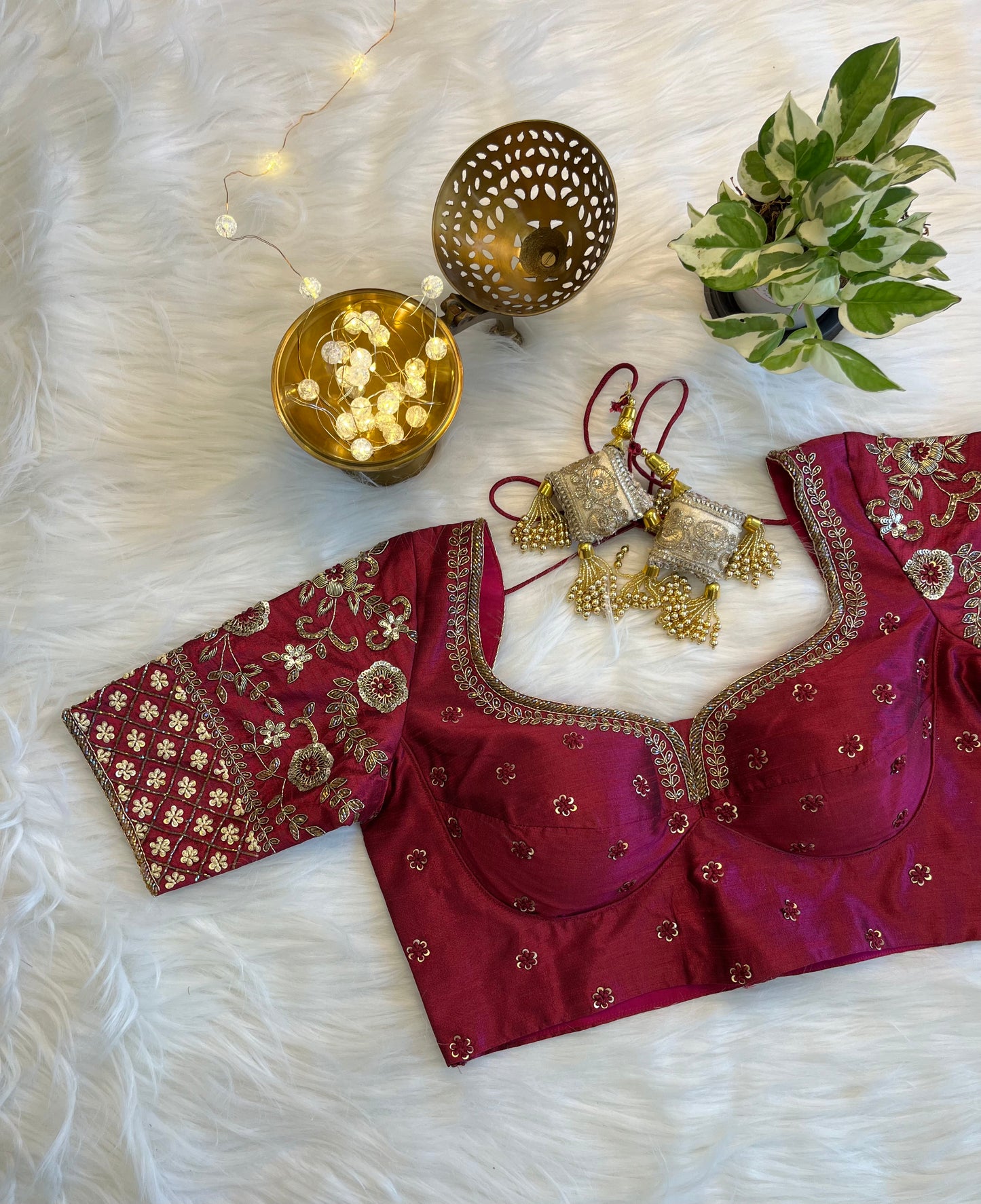 Elegant Purplish-Red Raw Silk Zardozi Blouse - Perfect Fusion of Tradition & Modernity