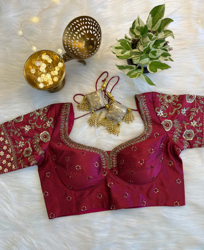 Elegant Purplish-Red Raw Silk Zardozi Blouse - Perfect Fusion of Tradition & Modernity