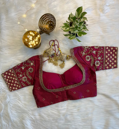 Elegant Purplish-Red Raw Silk Zardozi Blouse - Perfect Fusion of Tradition & Modernity