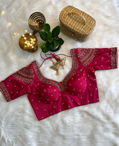 Rani Pink Bridal Zardozi Blouse - Luxurious Raw Silk Fusion for an Unforgettable Wedding