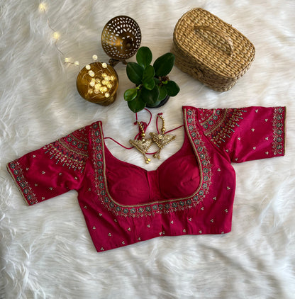 Rani Pink Bridal Zardozi Blouse - Luxurious Raw Silk Fusion for an Unforgettable Wedding
