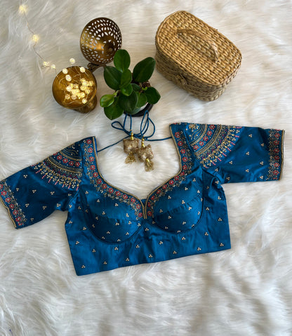 Teal Blue Bridal Zardozi Blouse - Exquisite Raw Silk Fusion for a Majestic Wedding Look