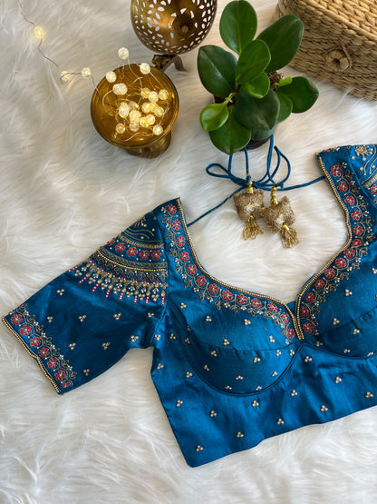 Teal Blue Bridal Zardozi Blouse - Exquisite Raw Silk Fusion for a Majestic Wedding Look