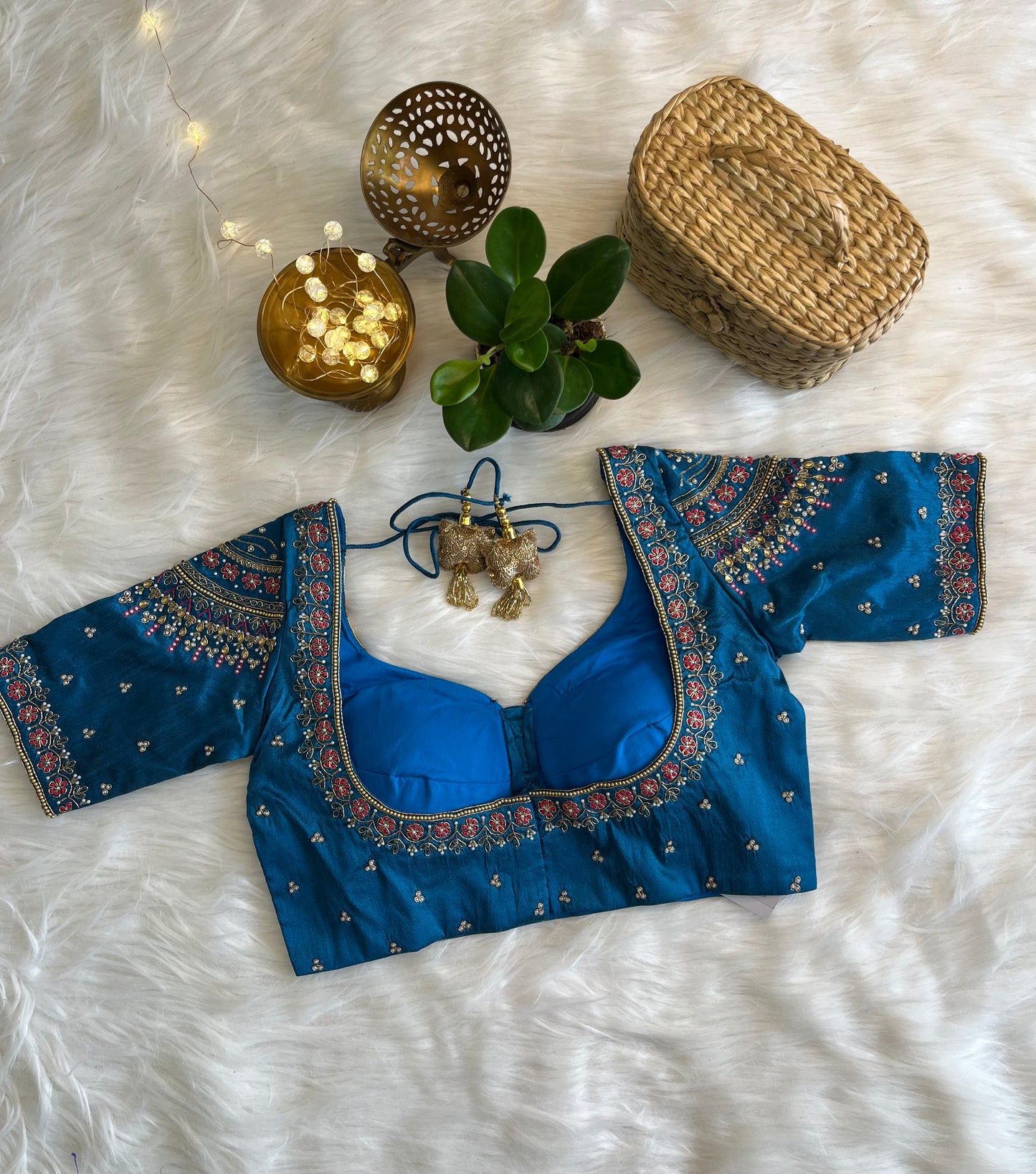 Teal Blue Bridal Zardozi Blouse - Exquisite Raw Silk Fusion for a Majestic Wedding Look