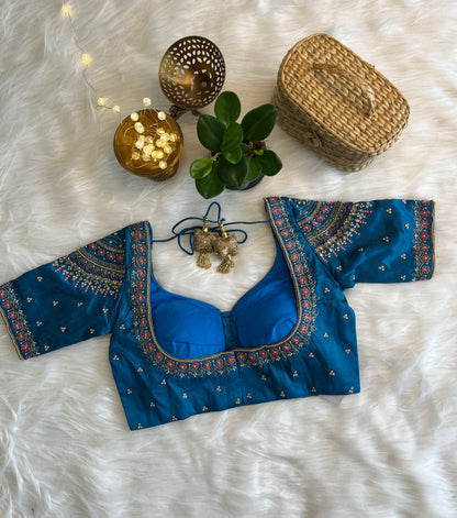 Teal Blue Bridal Zardozi Blouse - Exquisite Raw Silk Fusion for a Majestic Wedding Look