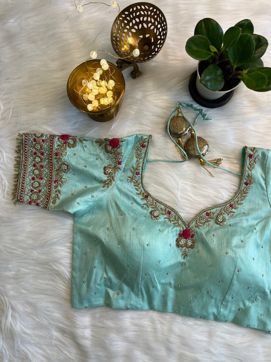 Fusion Silk Aqua Sea Green Blouse with  Zardozi Work