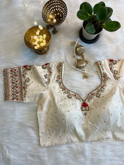 White Silk Fusion Blouse with Zardozi Work