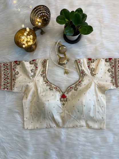 White Silk Fusion Blouse with Zardozi Work
