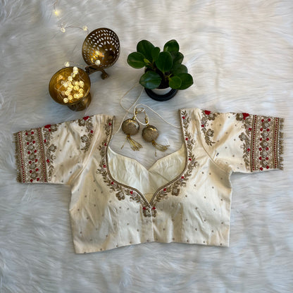White Silk Fusion Blouse with Zardozi Work