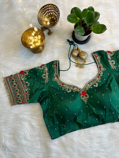 Royal Emerald Zardozi Fusion Silk Blouse