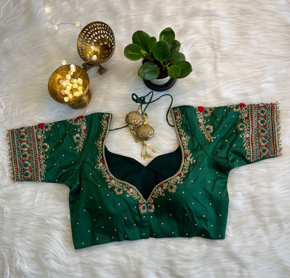 Royal Emerald Zardozi Fusion Silk Blouse