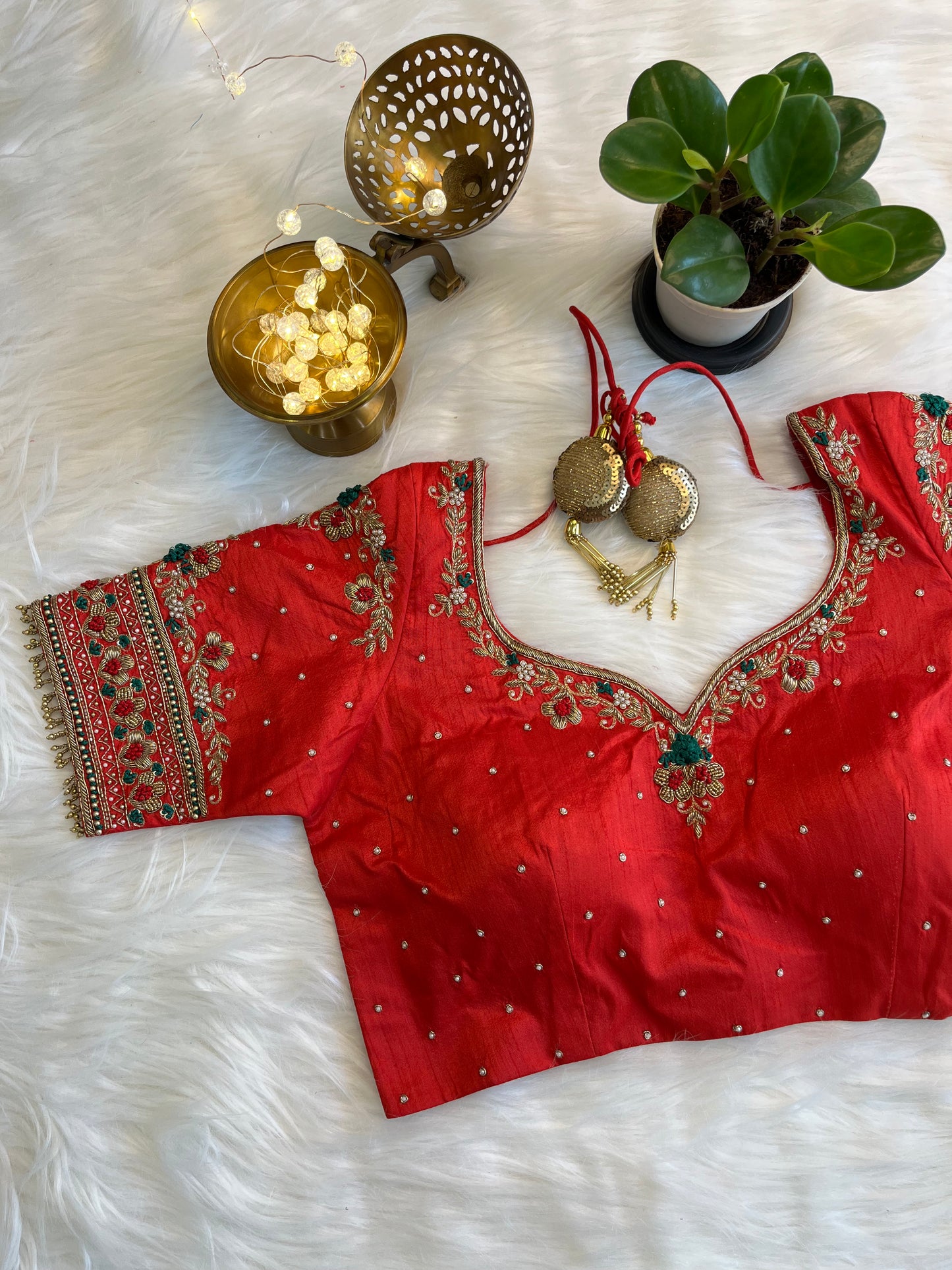 Elegant Fusion Silk Blouse with Metallic Red Zardozi Work