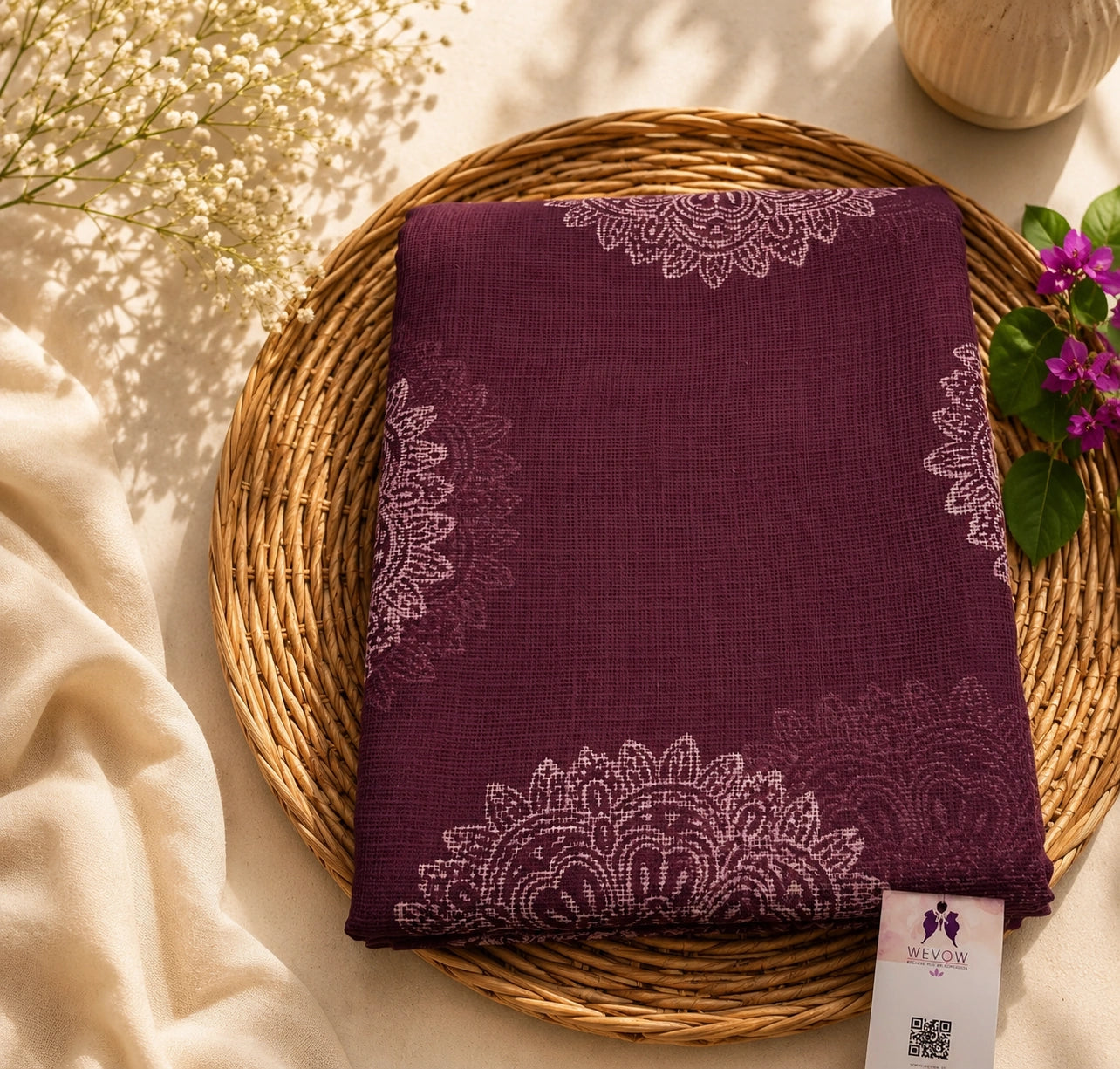 Kota Dori Hand Block Print Saree in Plum Wine with Woven Border