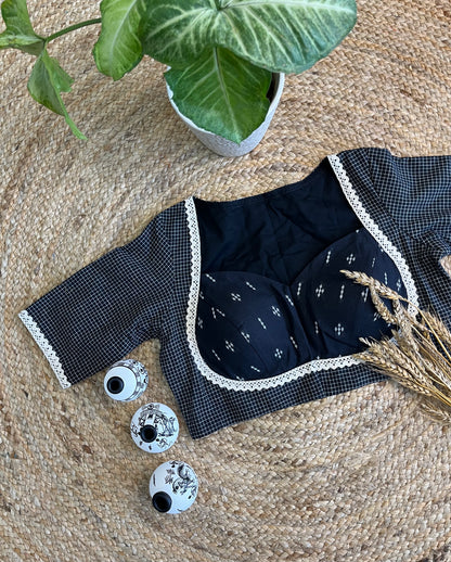 Timeless Ebony Handloom Jacquard Cotton Blouse with Graceful Lace Detailing