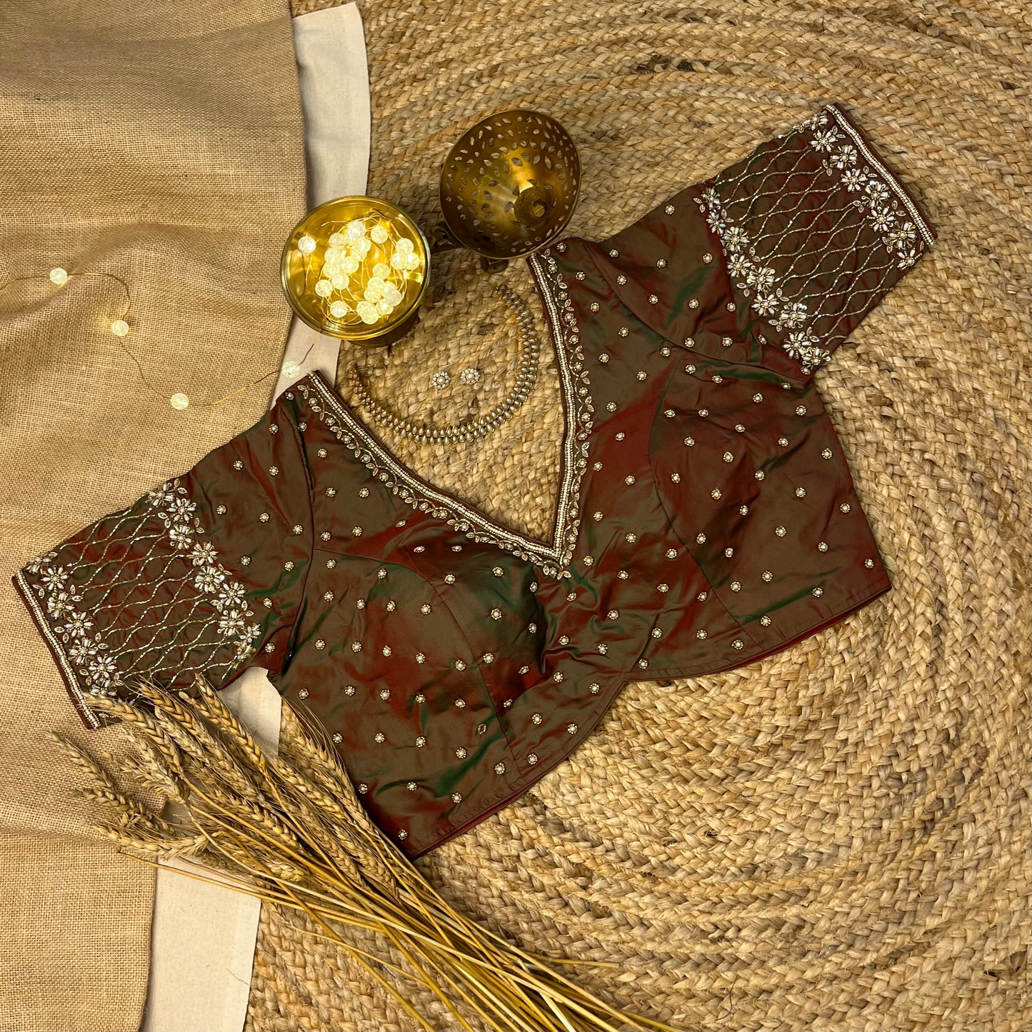 Green and Maroon Dual Tone Bridal Blouse with Handcrafted Zardosi - WEVOW