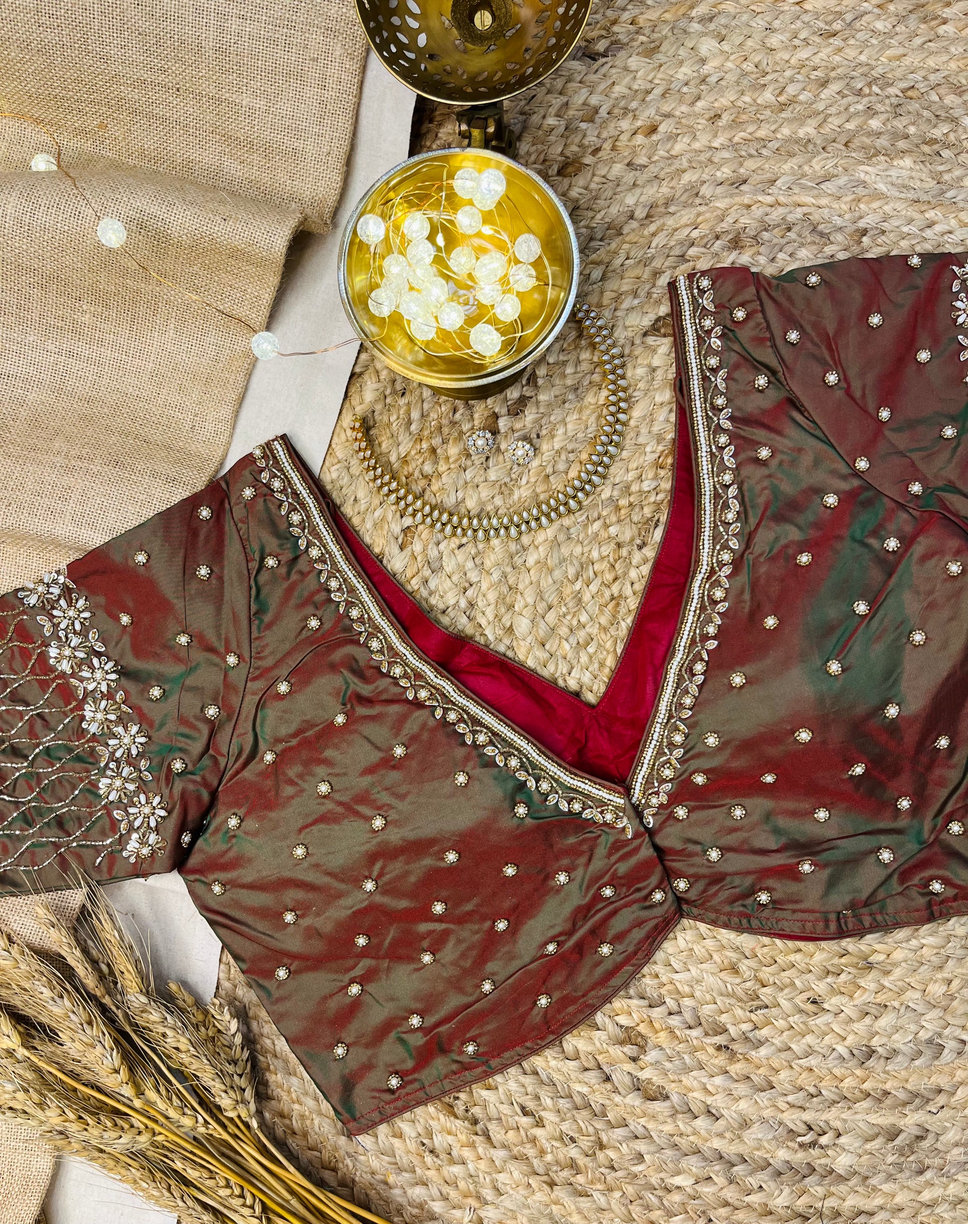 Green and Maroon Dual Tone Bridal Blouse with Handcrafted Zardosi - WEVOW